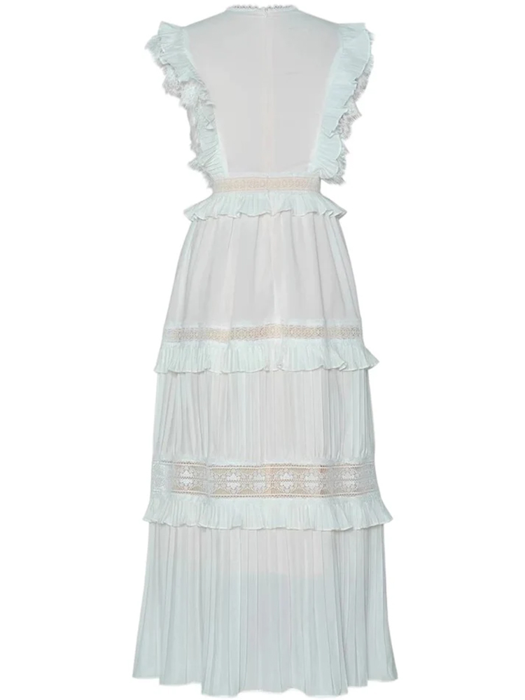 V-Neck Sleeveless Ruffle Edge Hollow Lace Waist Cinched Pleated Princess Style Long Dress  Summer New