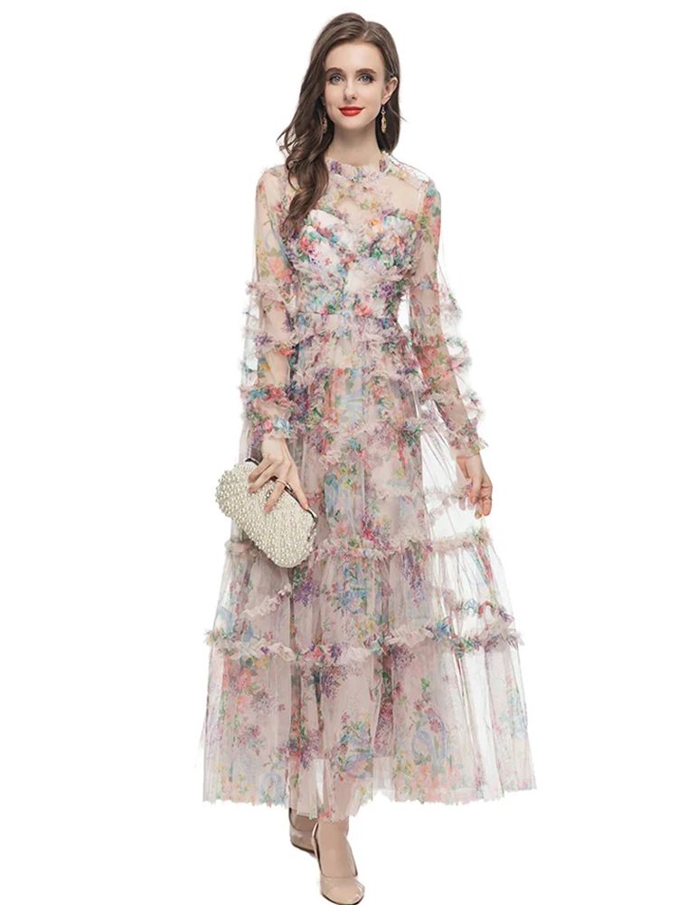 Party Dress Women's Petal Sleeve Print Crumple Irregularity Lace Long Dress