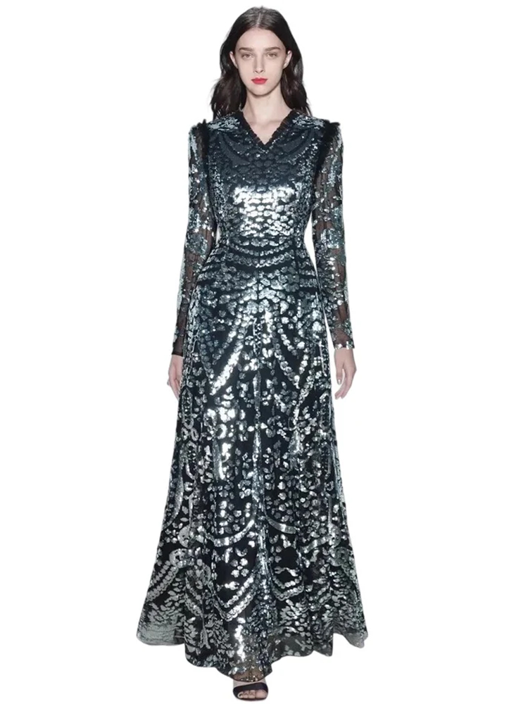 Summer Fashion Dress Women V-Neck Long-Sleeved High waist Mesh Sequins Slim Dresses
