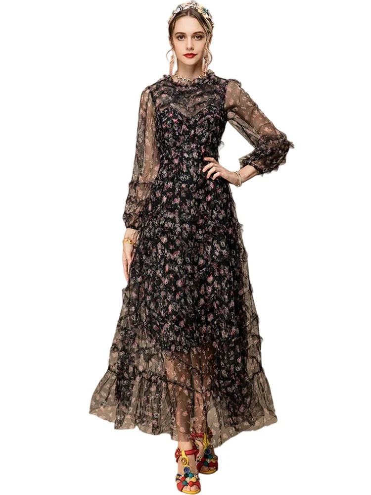 New Spring Fashion Runway Dress Women's Long sleeve Ruffles Floral print Black Mesh Vacation Long Dress