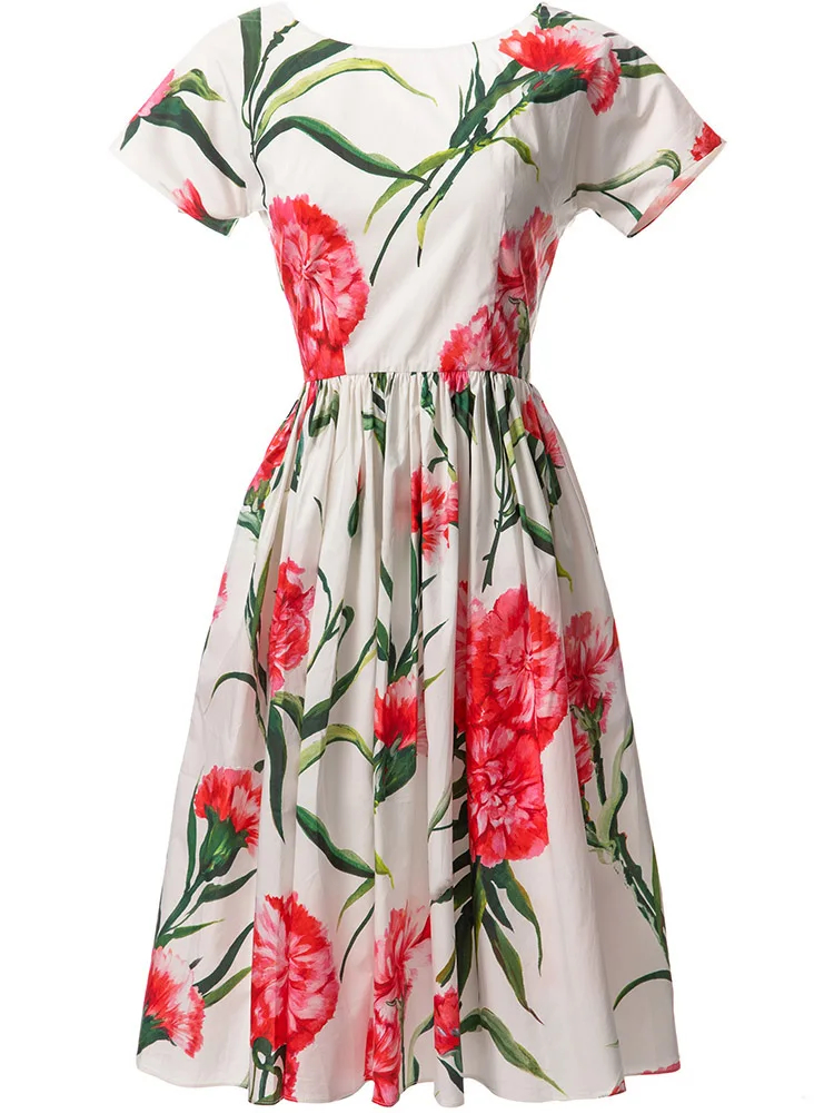 New Fashion Runway Summer Dress Women Short sleeve High waist Flower Print Elegant Holiday Party Dress