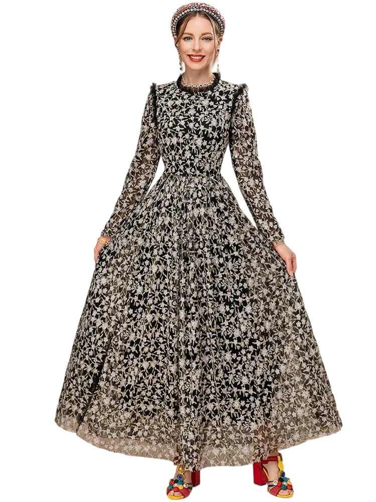 Women Long sleeve Floral Embroidery Black Vintage Elegant Party Long Dress