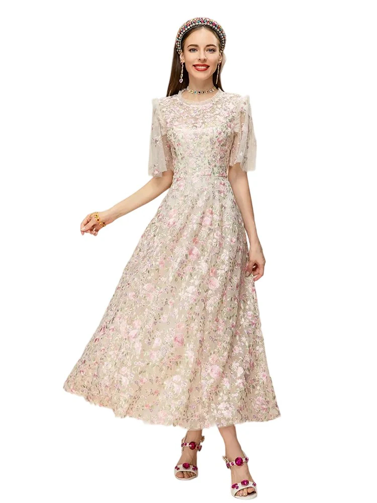 New Style Elegant Party Fashion Dress Women's Round Neck High Waist Extravagant Embroidery Splice Dress