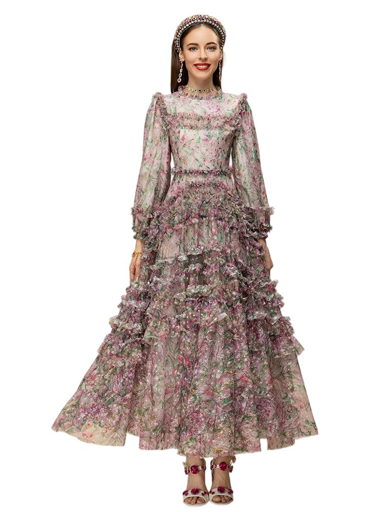 Summer Runway Designer Vintage Dress Women's High Waist Cascading Ruffle Print Splice Party Long Dress