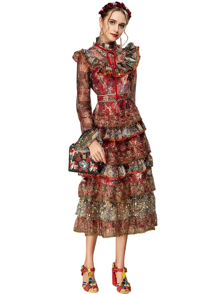 Summer Runway New Dress Women's Flare Sleeve Lace Sequins Ruffles Mesh Print Vintage Party Midi Dress