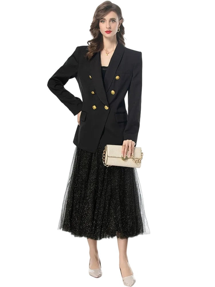 Autumn Luxury Skirt Sets Women's Solid Color Double Breasted Suits+Net Yarn Sequins Skirt Two Pieces Set