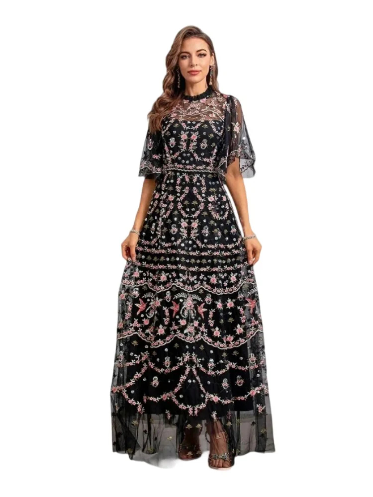New Autumn Heavy Nail Diamond Sequin Lace Splicing Crewneck Long Sleeve Temperament Long Dress