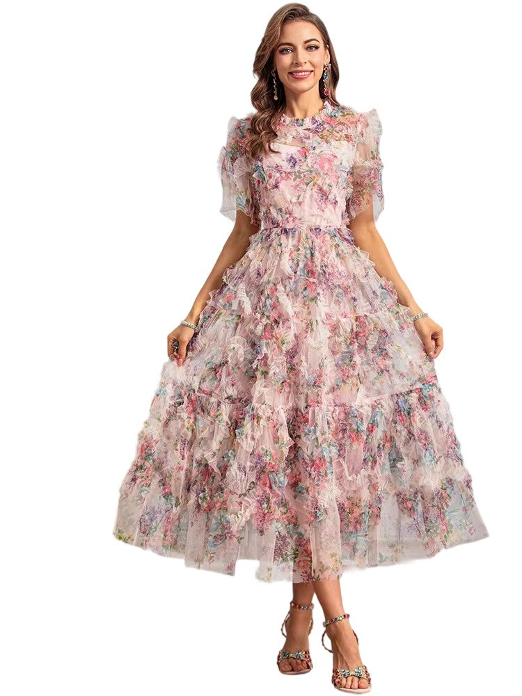 New Style Runway Designer Dresses Women's Bohemian Floral Print Net Yarn Cascading Ruffle Sexy Dresses