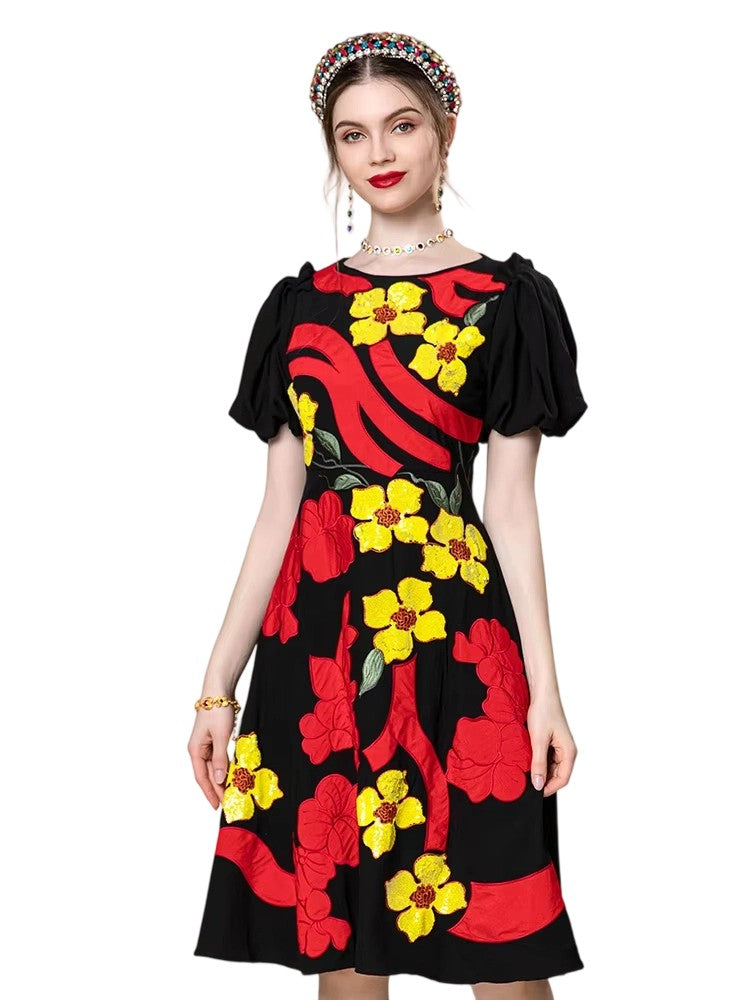 Summer Fashion Designer Dress Women's Flower Color Short Sleeve Embroidery Sequins Splice Slim Fit Dress