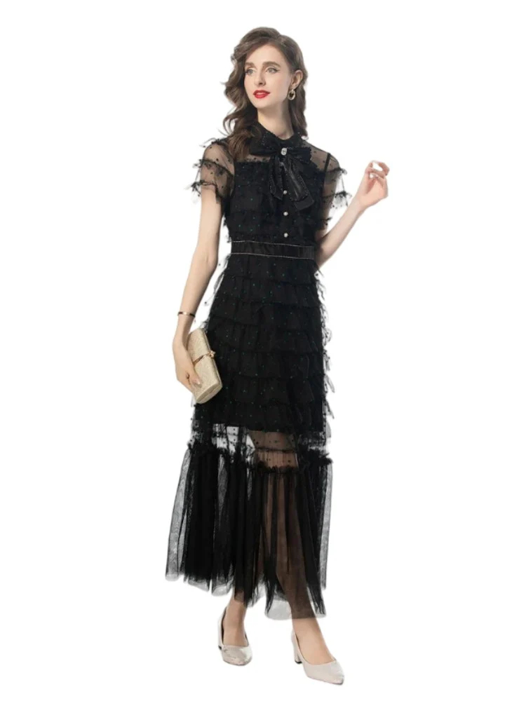 Summer Luxury Dress Women's Vintage Gorgeous Beading Handmade Pearl Diamond Net Yarn Temperament Dresses
