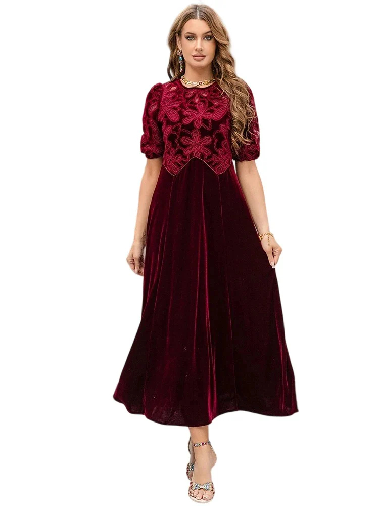 Embroidered flower patchwork velvet dress long dress elegant lady