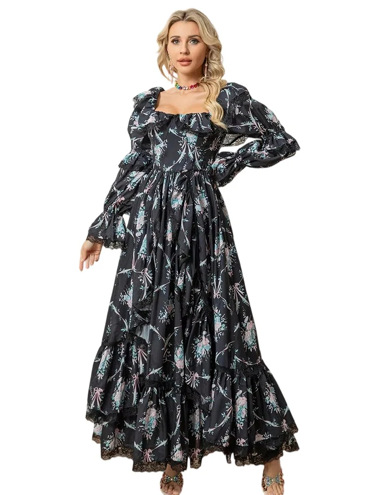 Lace patchwork retro print long-sleeved dress