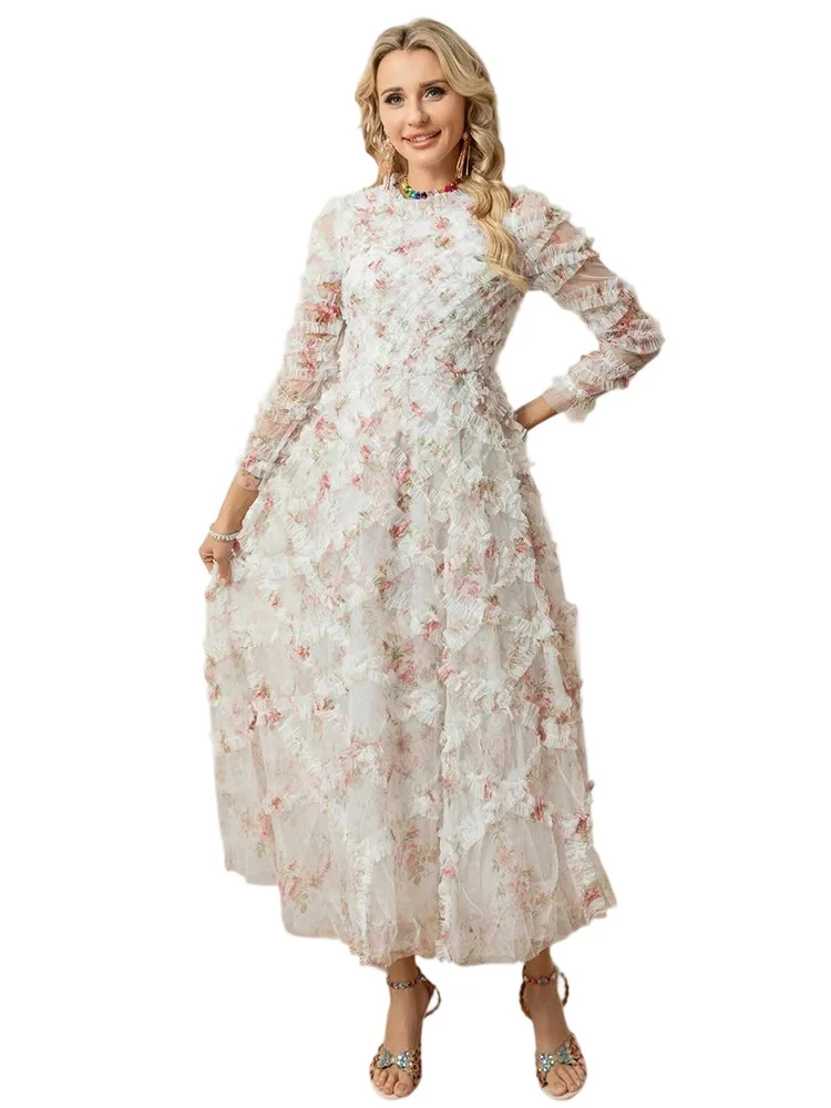 Round neck printed mesh dress with ruffles