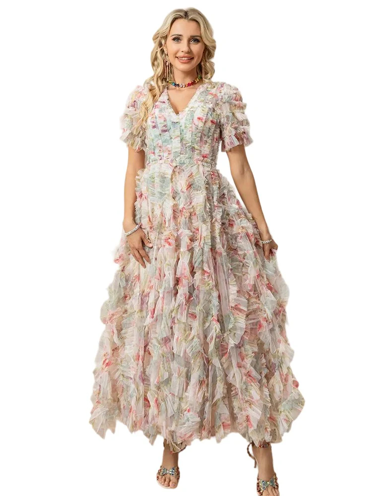 Spring/Summer Fashion Design V-neck Floral Print, Black Fungus Edge Short Sleeve Dress Dress+French Style