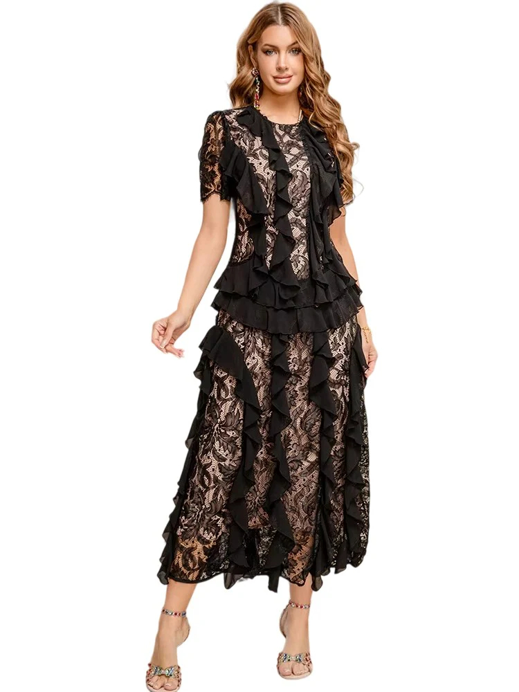 Lace Ruffle Panel Round Neck Women's Party Dress