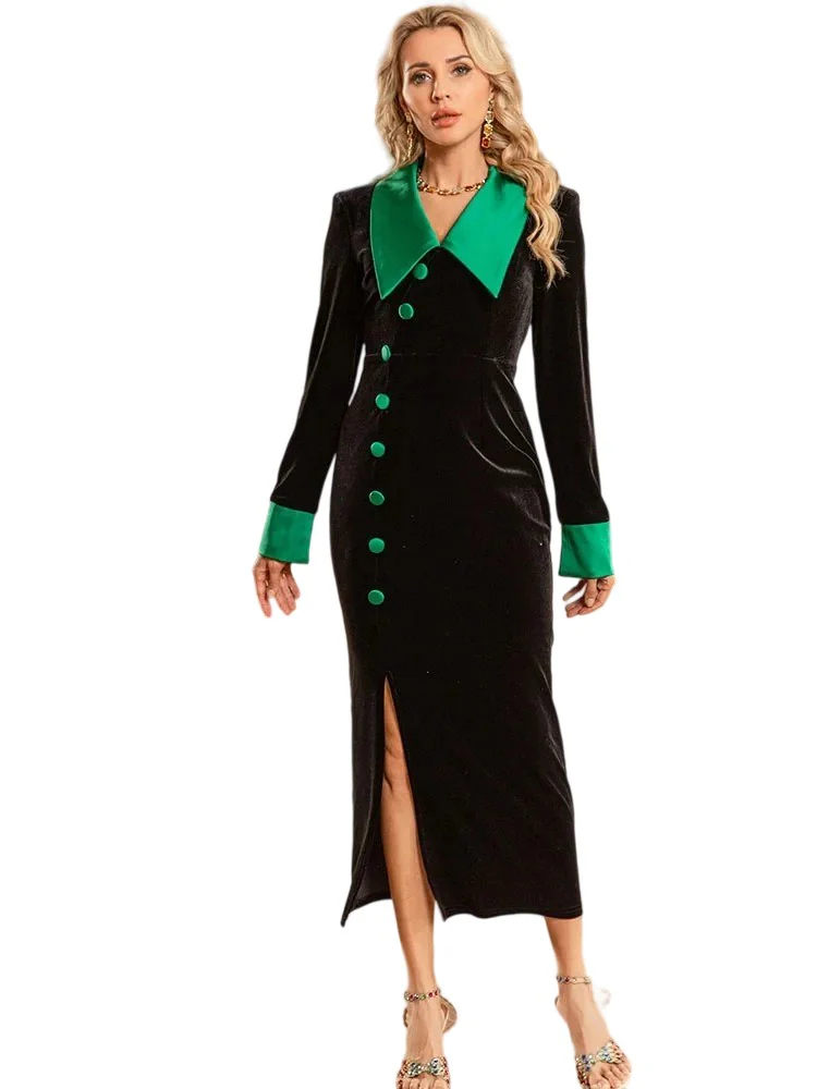 Velvet color-block slit dress