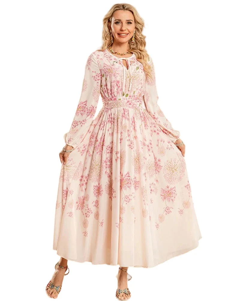 Spring/Summer New Women's Round Neck Lace up French Exquisite Printed Long Sleeve Waist Dress for Women