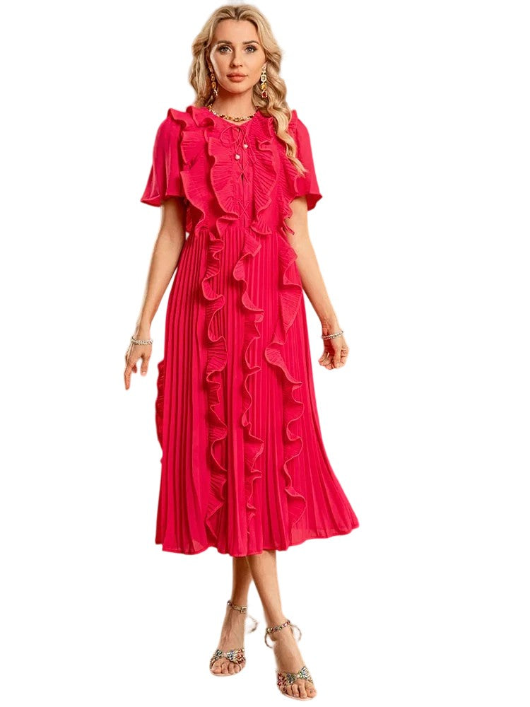 Round neck lace ruffle stitching red pleated dress