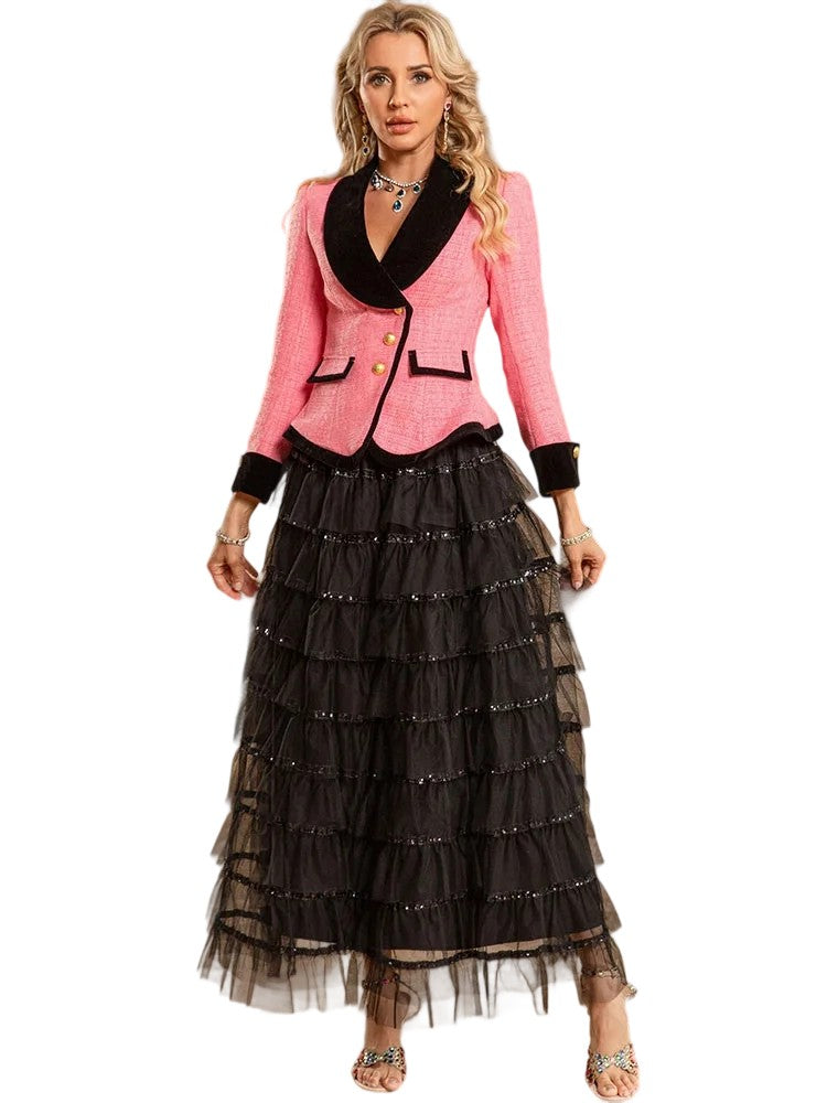 Chanel style short jacket + mesh skirt retro two-piece suit