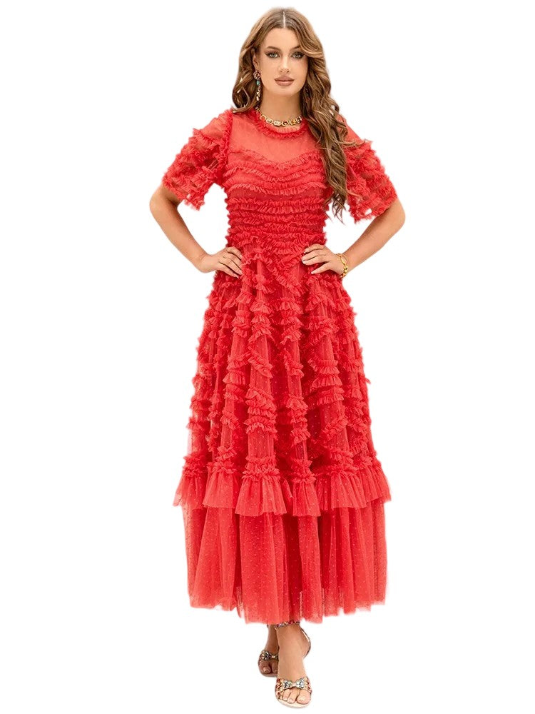 Round neck ruffled polka dot patchwork long dress