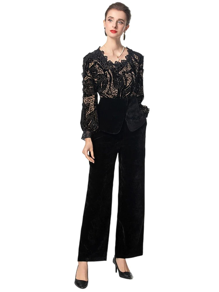 Lace patchwork top + wide-leg pants high street 2-piece set