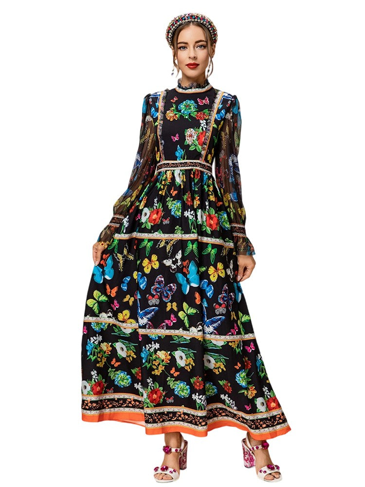 Butterfly Print Ruffle Panel Holiday Maxi Dress