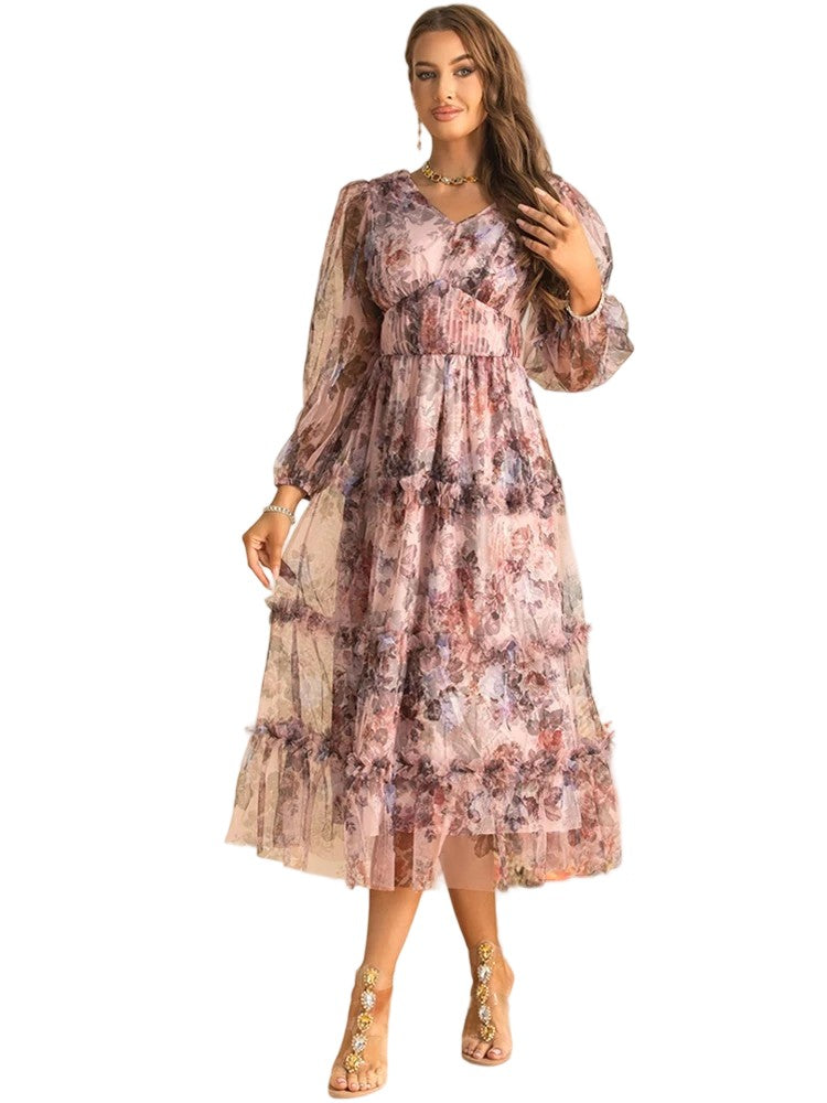 Lantern Sleeve Vintage Print Dress