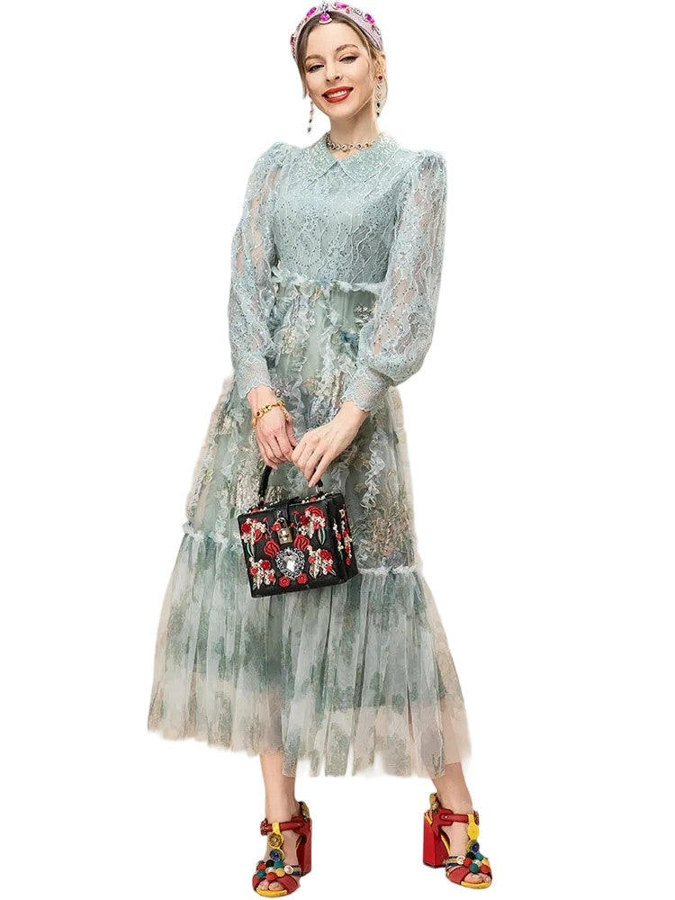 Lantern Sleeve Lace Sequined Mesh Ruffle Patchwork Vintage Long Skirt