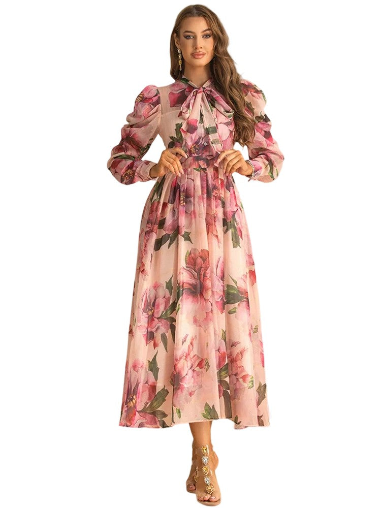 Bow high waist printed blend dress