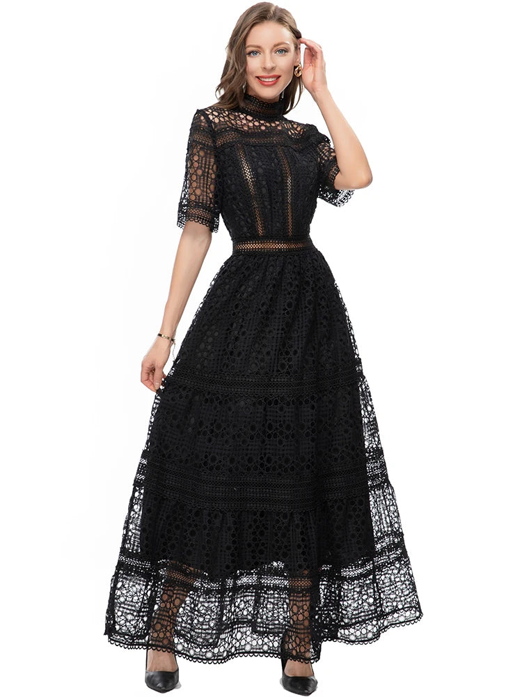 Retro Party Stand Collar High Waist Hollow Fashion Dress