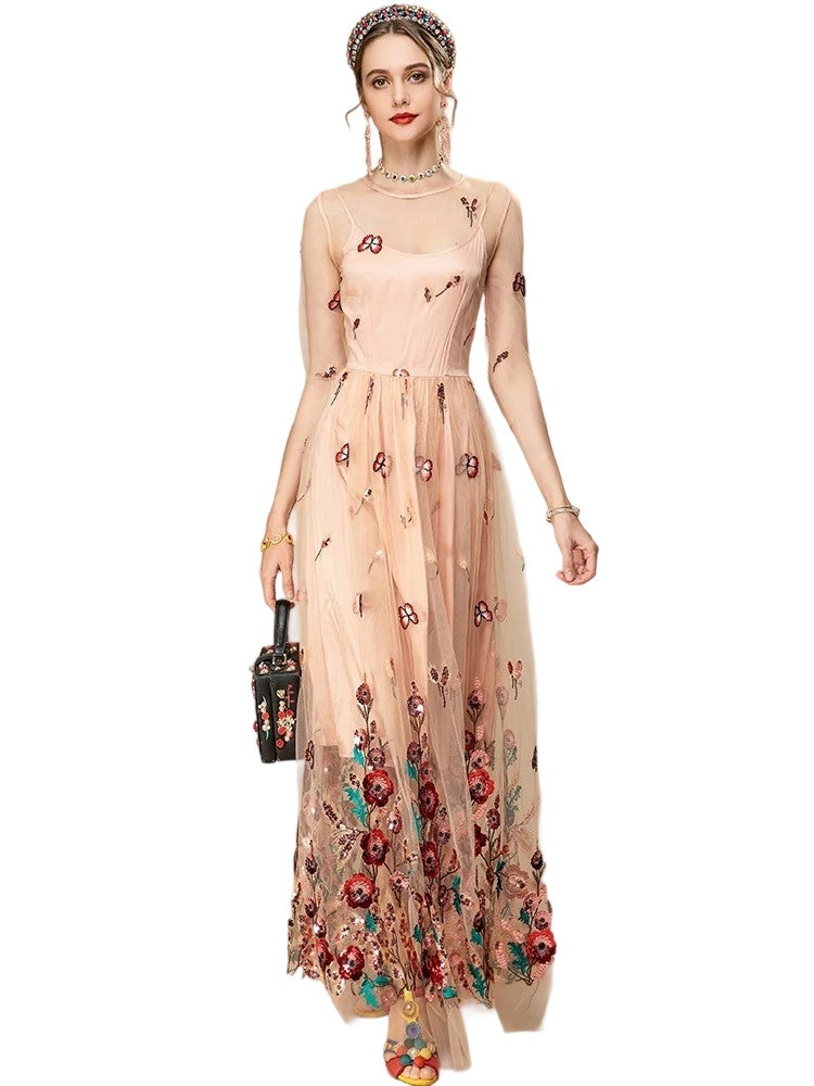 Stand collar high waist hollow long dress