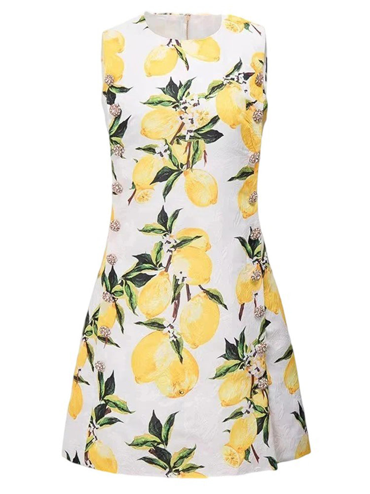 Sleeveless lemon print vintage dress