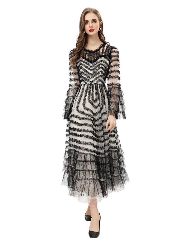 Retro lace trumpet sleeve polka dot stitching layered ruffle striped long skirt