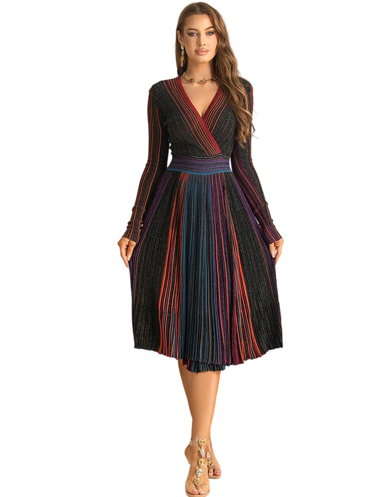 V-neck high waist striped gradient color commuter office work dress