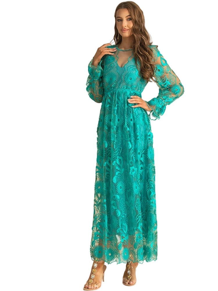 Hollow embroidery high waist party evening dress