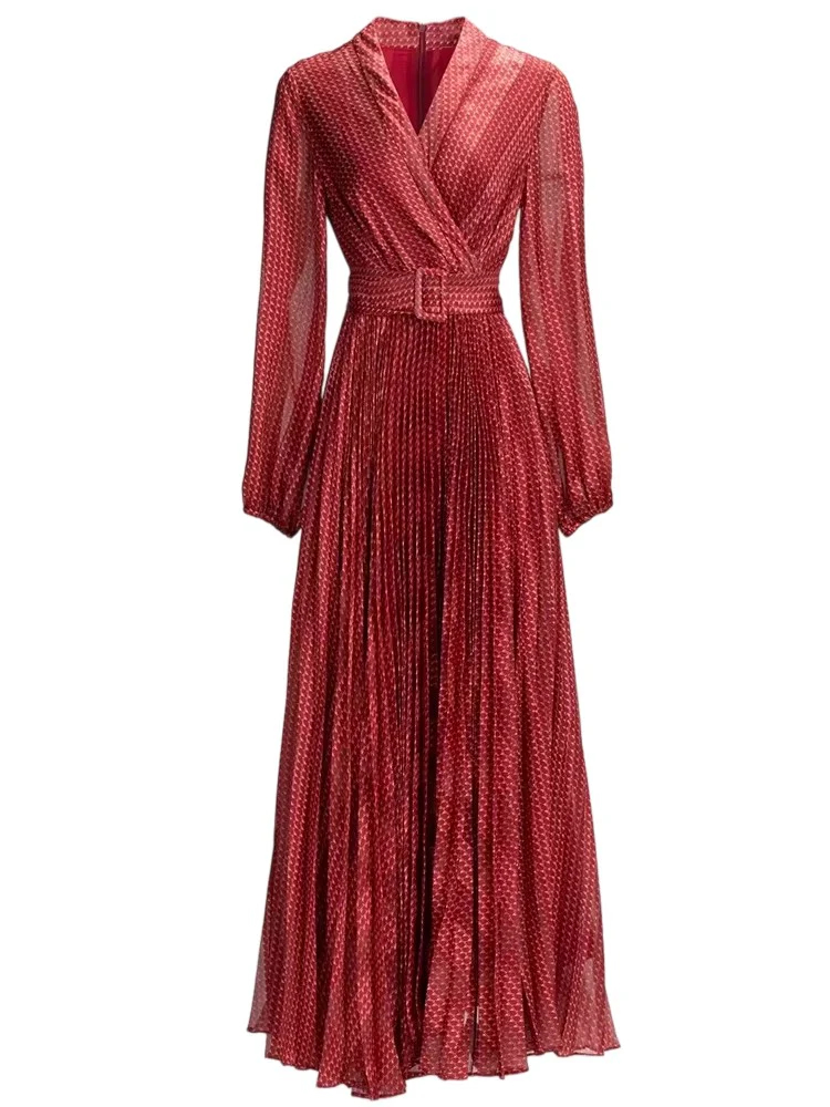 V-neck long-sleeved high-waist pleated maxi dress