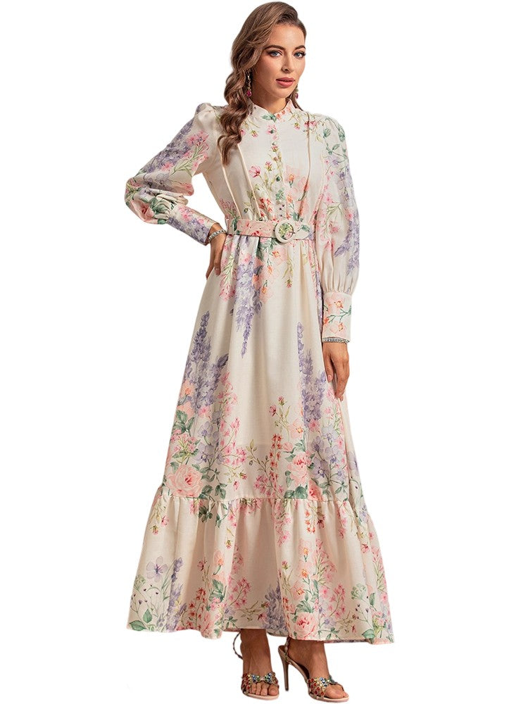 Bohemian floral print chiffon single-breasted ruffle dress