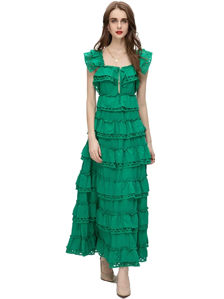 Women's Square Neck Ruffle Sleeve Hollow Embroidery Vintage White Midi Dress