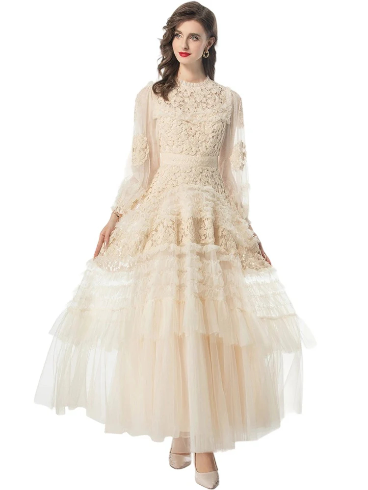 Retro Temperament Mesh Embroidery Layered Ruffle Dress