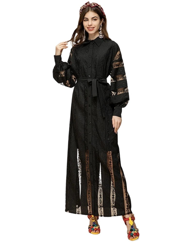 Mesh lantern sleeve embroidered vintage dress