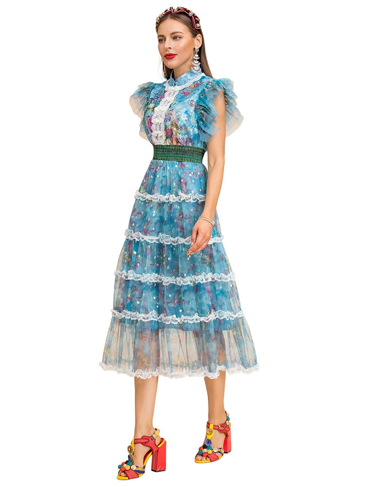 Butterfly Sleeve Lace Elastic Waist Floral Print Midi Dress