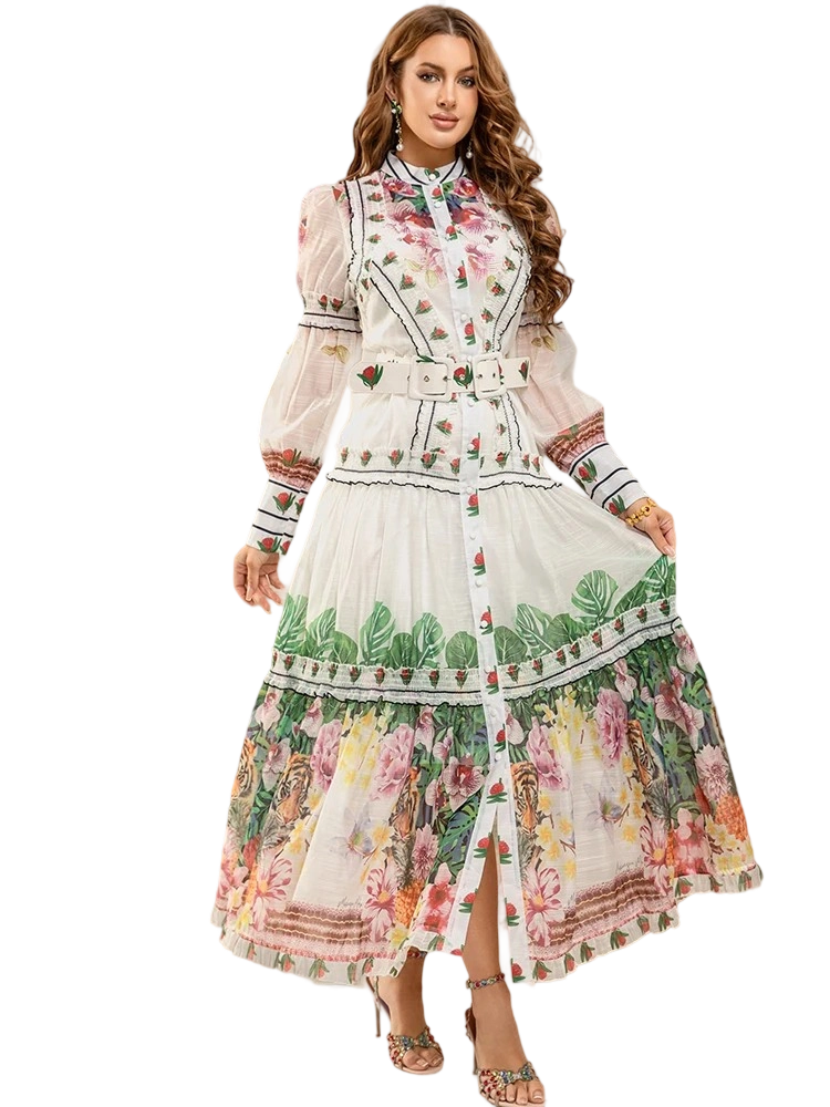 French palace style retro printed waist dress
