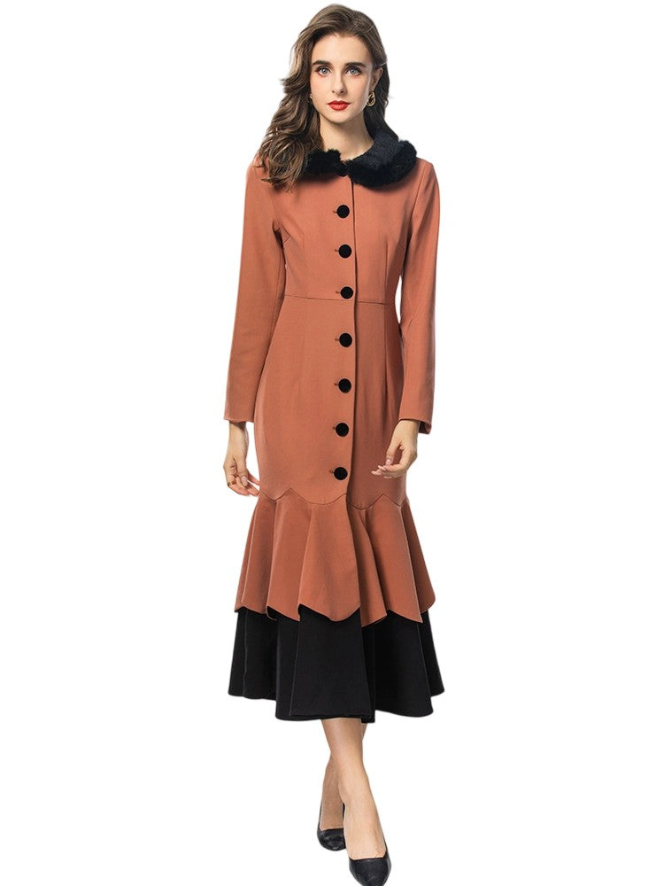 Autumn and winter lapel long sleeve ruffle patchwork jacket
