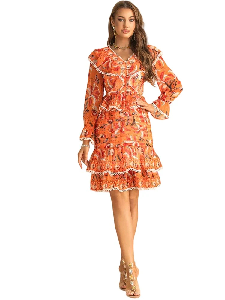 High waist ruffled printed short dress
