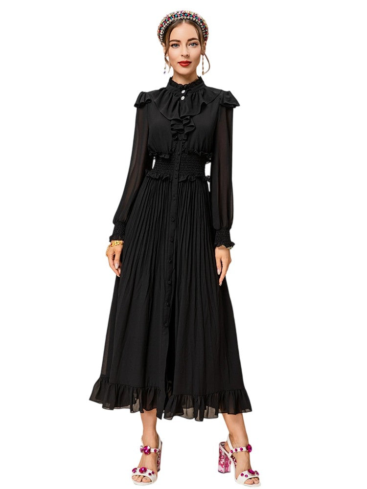 Ruffled single-breasted elastic waist draped spliced long skirt