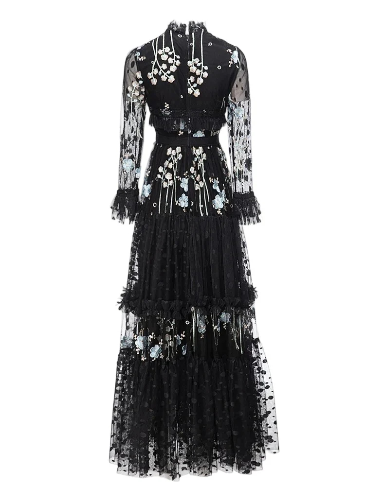 Black round neck layered ruffled printed patchwork lace dress