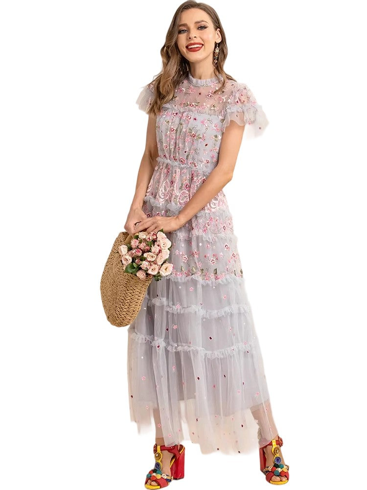 Floral Embroidered Holiday Party Maxi Dress