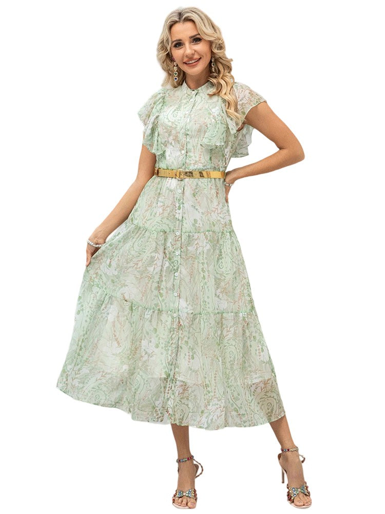 Round neck ruffle waist printed dress