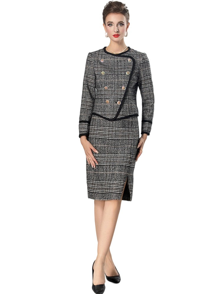 Long-sleeved double-breasted top + slim skirt elegant office ladies two-piece suit