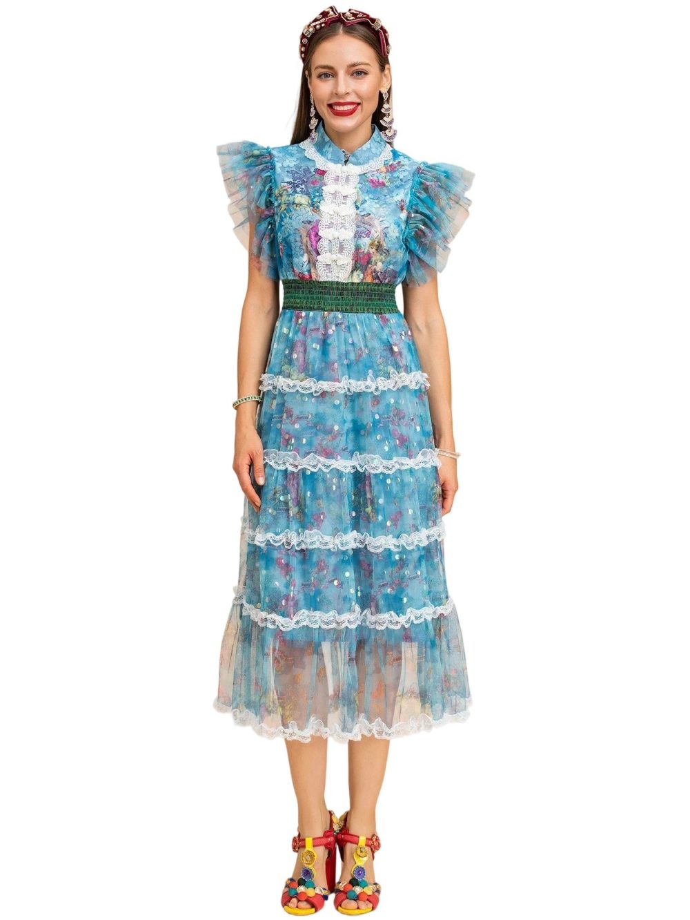 Butterfly Sleeve Lace Elastic Waist Floral Print Midi Dress - Image 3